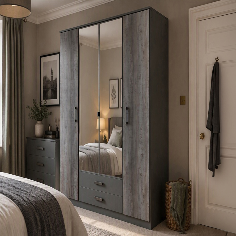 TJ'S Teleford 4 Door 2 Drawer Grey Wardrobe Image 1