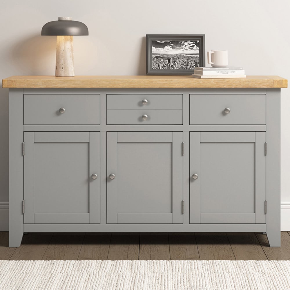 Seconique Windsor 3 Door 3 Drawer Pebble Grey and Oak Sideboard Image 1
