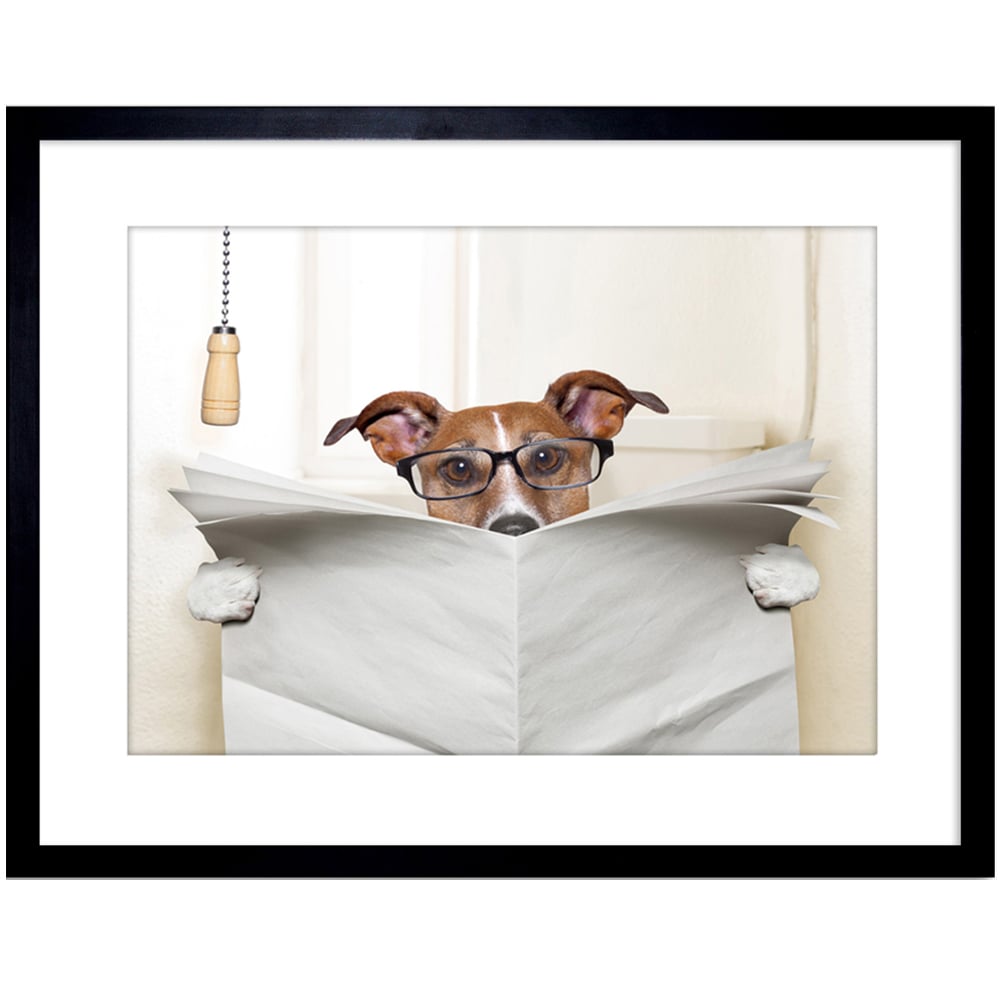 Wee Blue Coo Mock Jack Russell Toilet Reading Newspaper Framed Wall Art Print 23 x 18cm Image 1