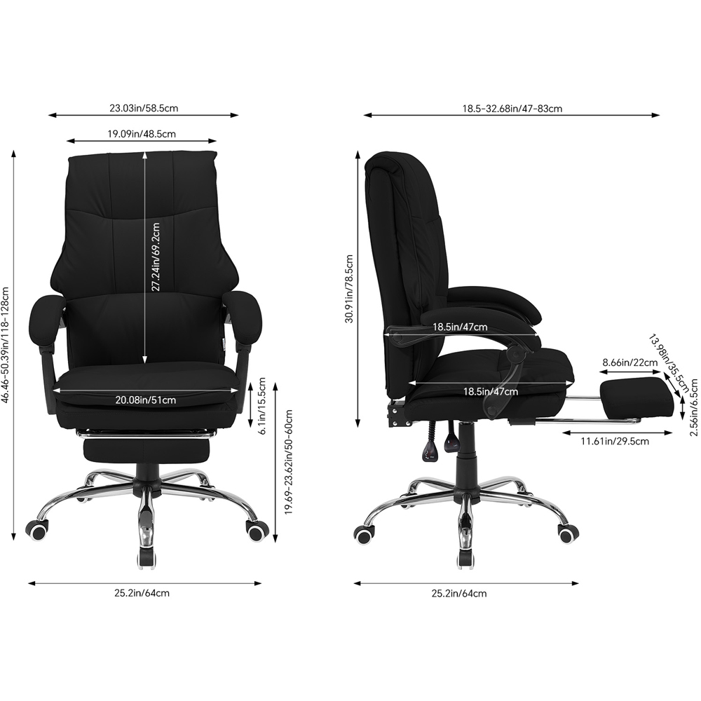 Living and Home Black PVC Leather Reclining Backrest Office Chair with Footrest Image 9