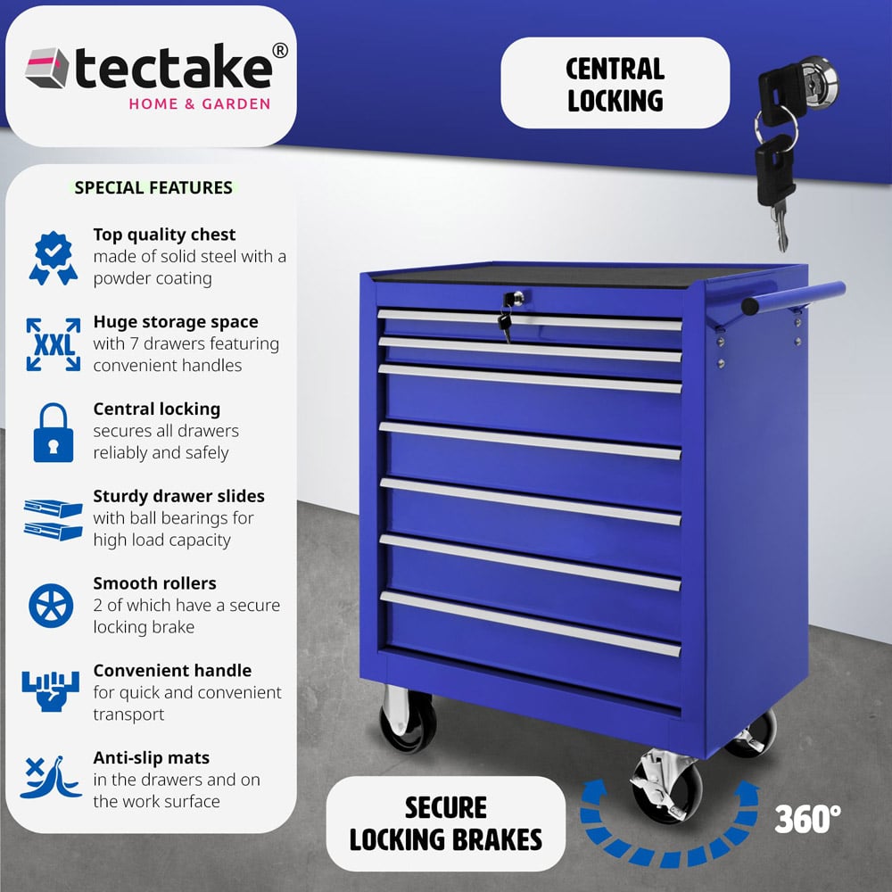 tectake 7 Drawer Blue Tool Chest of Drawers with Wheels Image 6