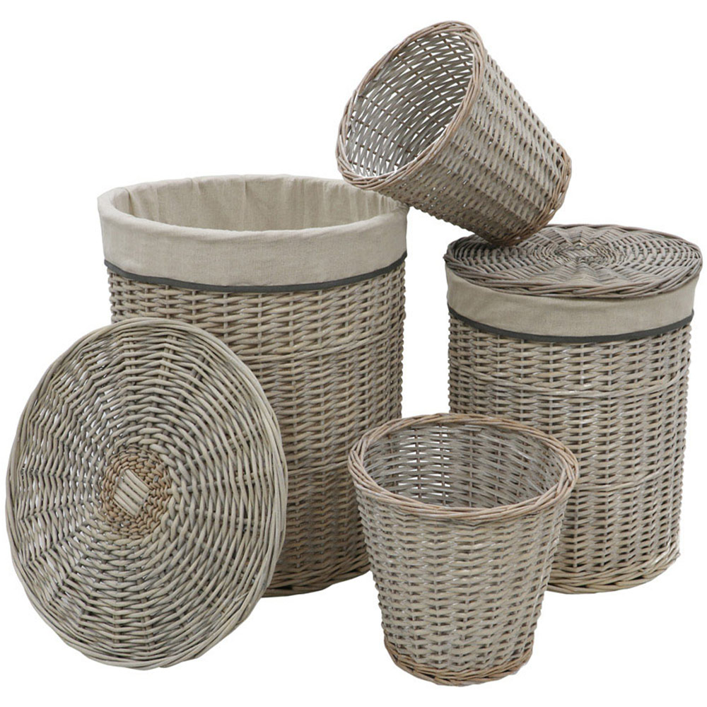 JVL 4 Piece Arianna Grey Round Willow Laundry and Waste Paper Basket Set Image 1