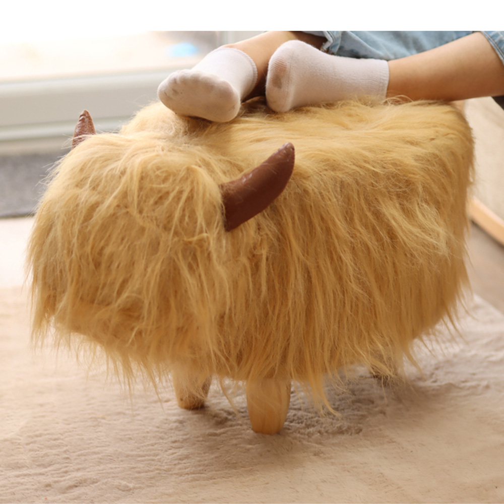 Gardeco Hazel The Highland Cow Light Brown Synthetic Fur Footstool Image 1
