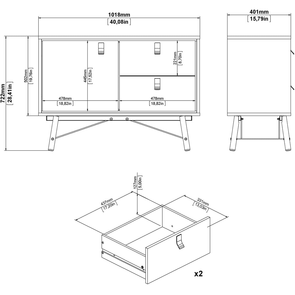 Florence Ry Single Door 2 Drawer Matt White Sideboard Image 7
