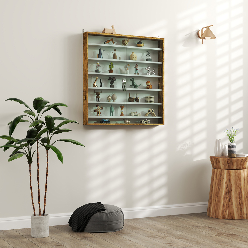 HOMCOM 7 Shelf Rustic Brown Wall Display Cabinet Image 7