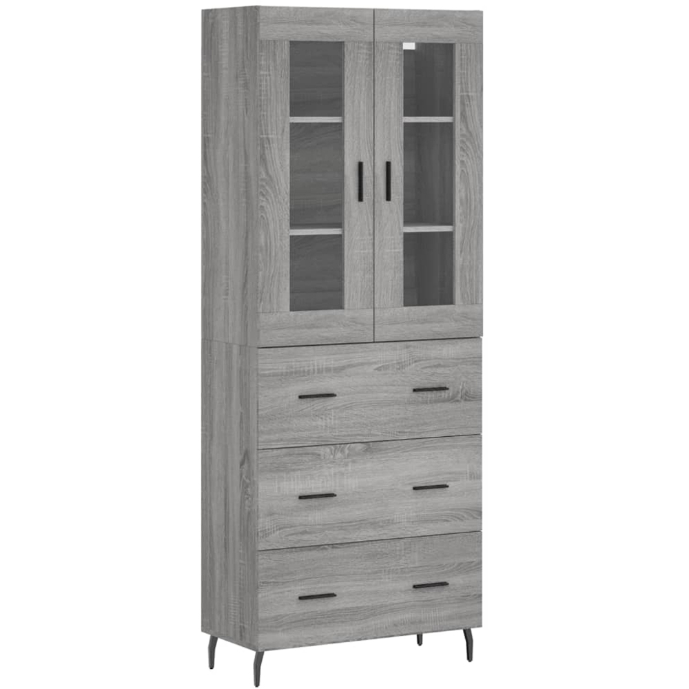 vidaXL 2 Glass Door 3 Drawer Grey Sonoma Highboard with Black Metal Legs Image 2
