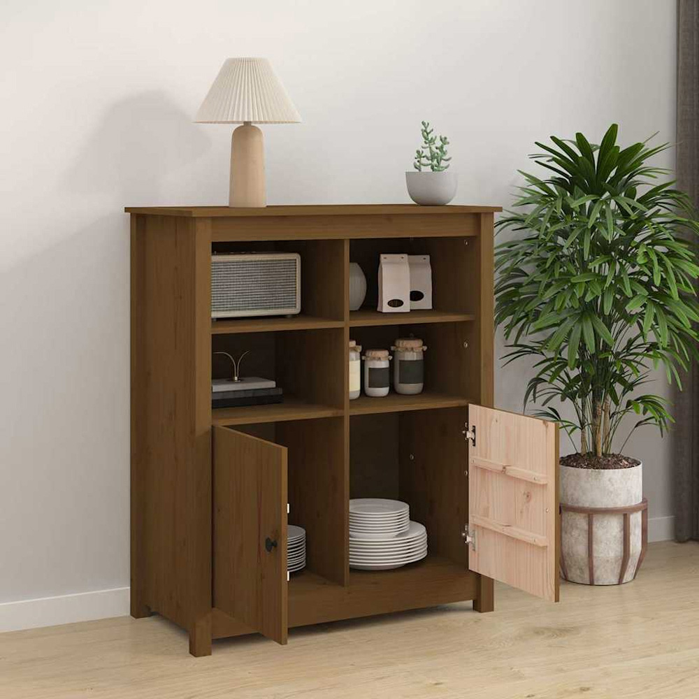 vidaXL 2 Door 4 Shelf Honey Brown Pine Wood Sideboard Image 3