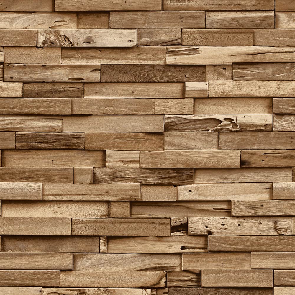 Grandeco Colorado Stacked Wood Block Plank Effect Natural Textured Wallpaper Image 1