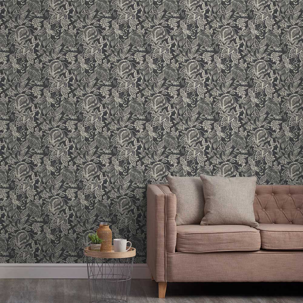 Grandeco Mae Jungle Leaves Charcoal Black Wallpaper Image 3