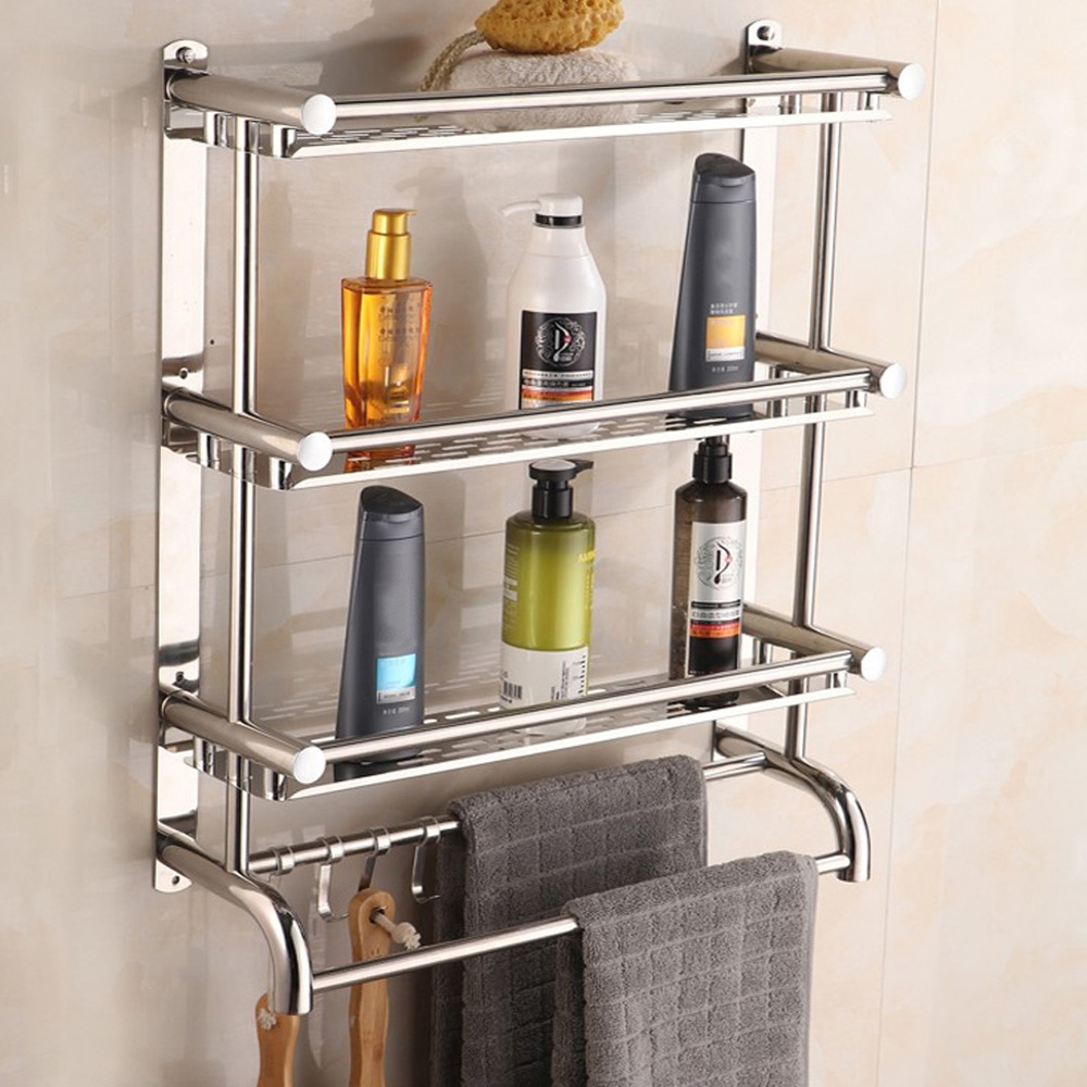 Living And Home WH0926 Silver Stainless Steel 2-Tier Bathroom Towel Rail With Hooks Image 5