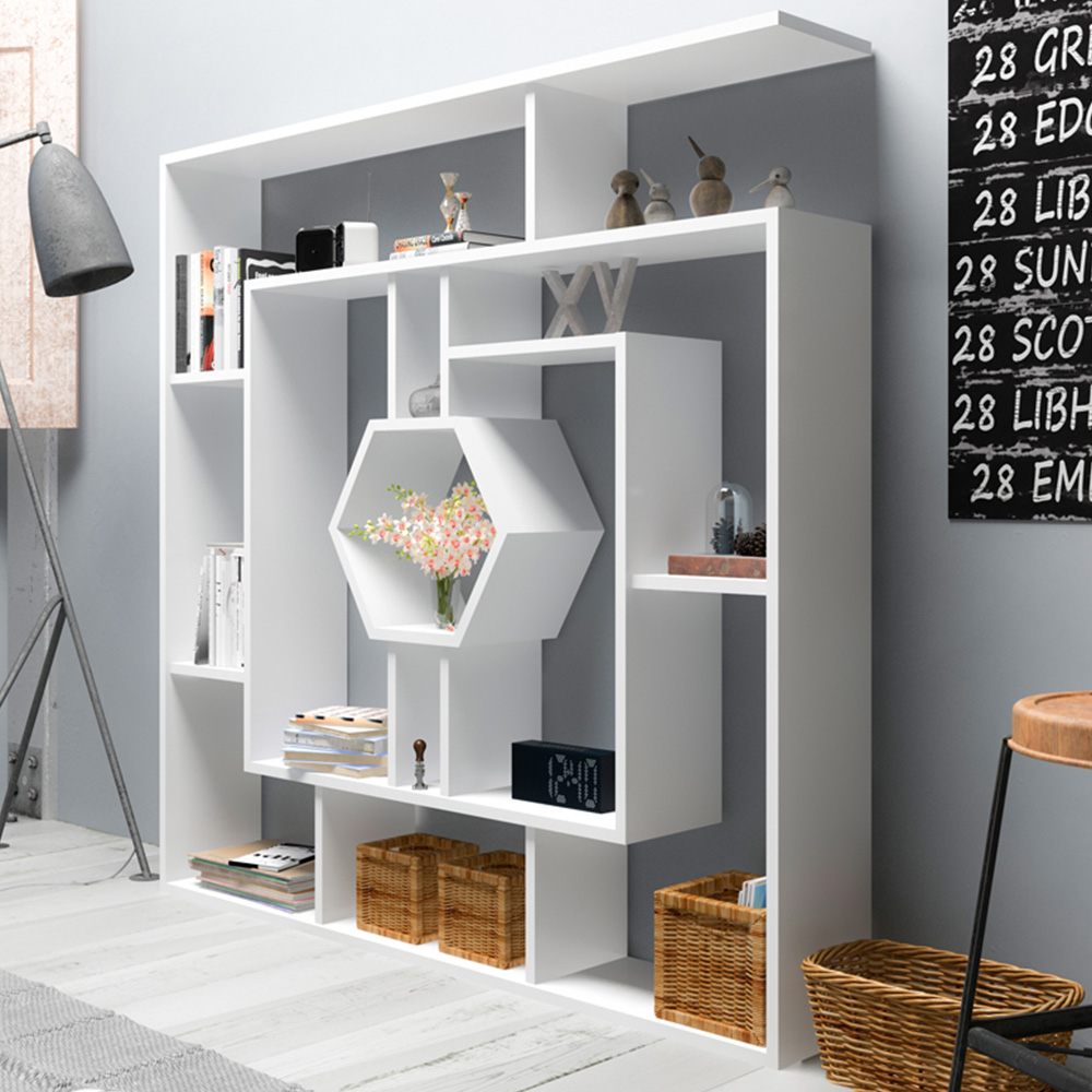 Decorotika Labrina 12 Shelf White Hexagonal Geometric Bookcase Image 1
