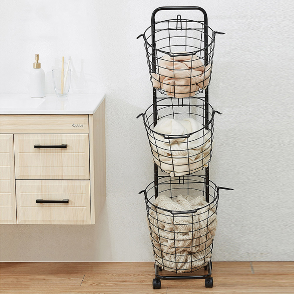Living And Home WH0871 Black Metal Multi-Tier Laundry Basket With Wheels Image 6