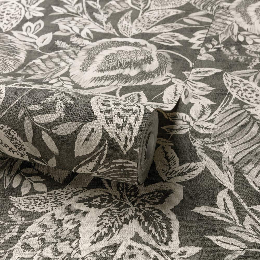 Grandeco Mae Jungle Leaves Charcoal Black Wallpaper Image 2