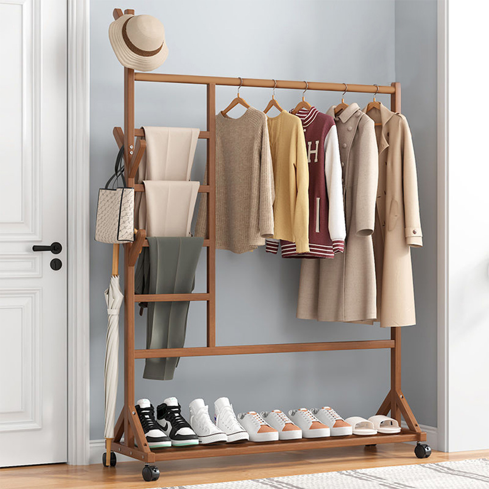 H&O Direct Single Shelf Bamboo Garment Rack with Wheels and Hangers Image 5