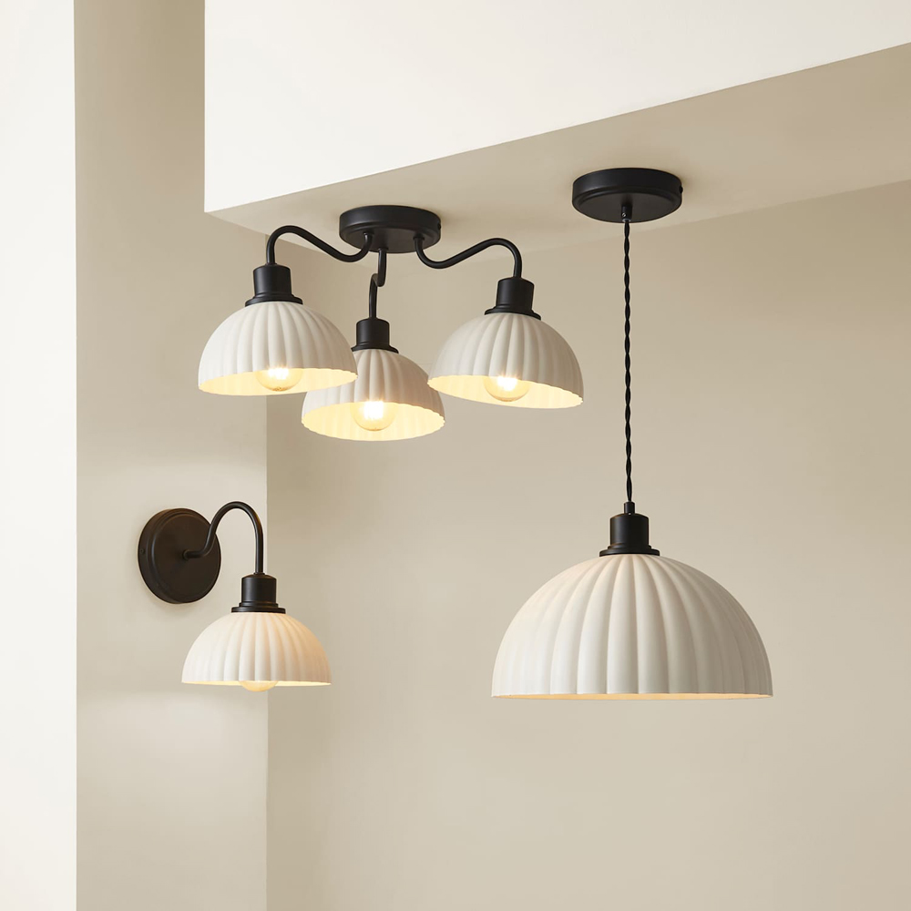 ValueLights Bourton Cream Ribbed Dome Shade Matte Black Ceiling Light with Bulb Image 7