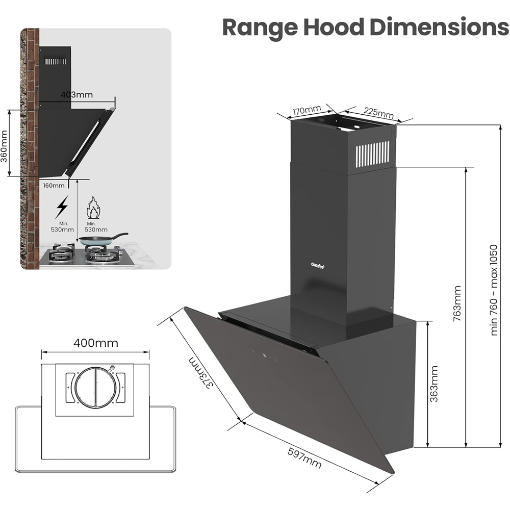 Comfee AJ0411 Black 60cm 3 Speed Angled Chimney Cooker Hood with LED Image 8
