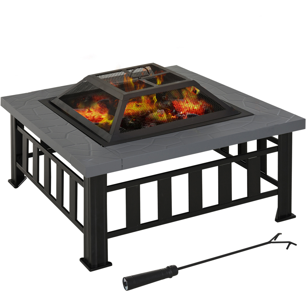 Outsunny Square Steel Garden Fire Bowl with Poker and Mesh Lid Image 1