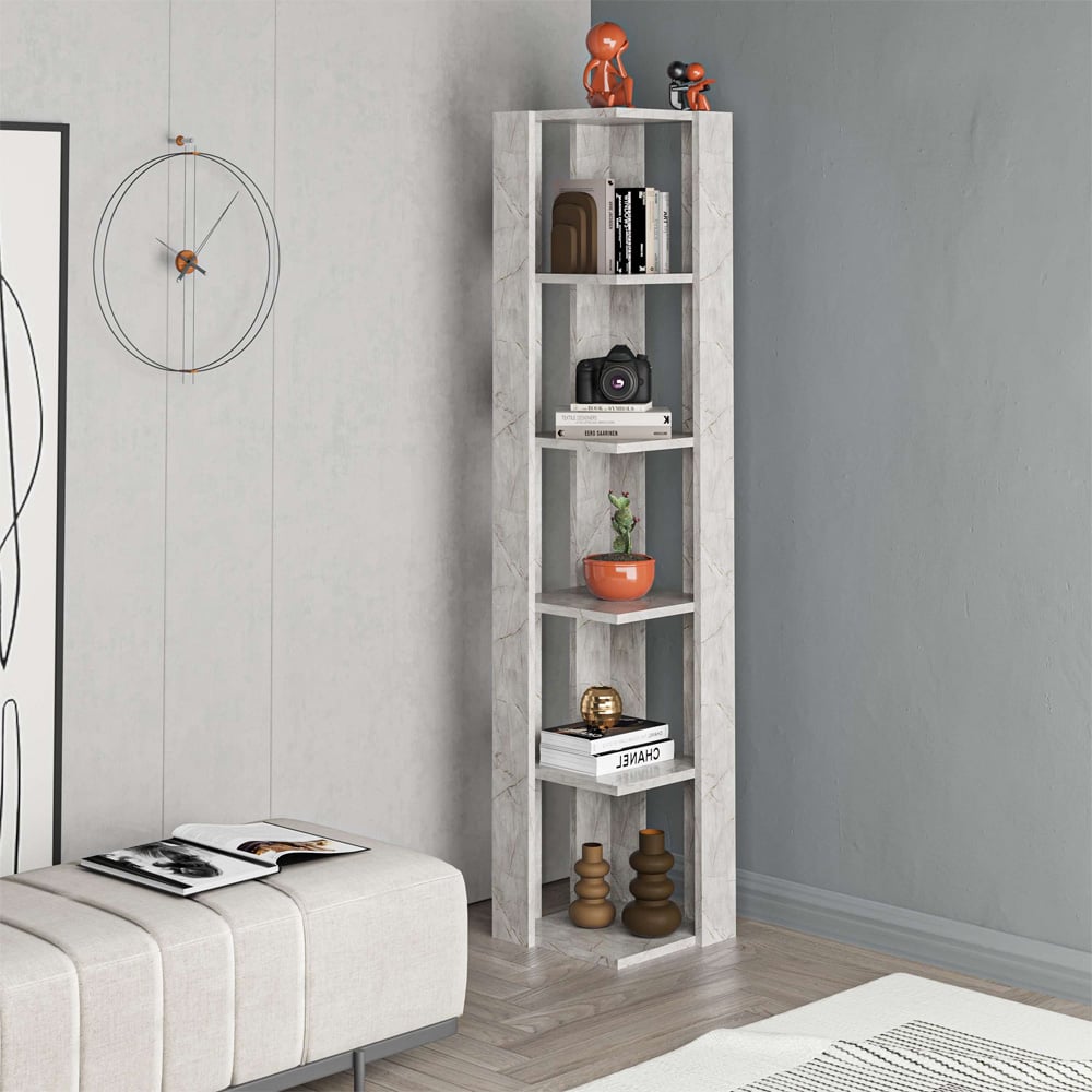 Decortie Nati Gold and Marble Effect 5 Tier Tall Corner Bookcase Display Unit Image 5