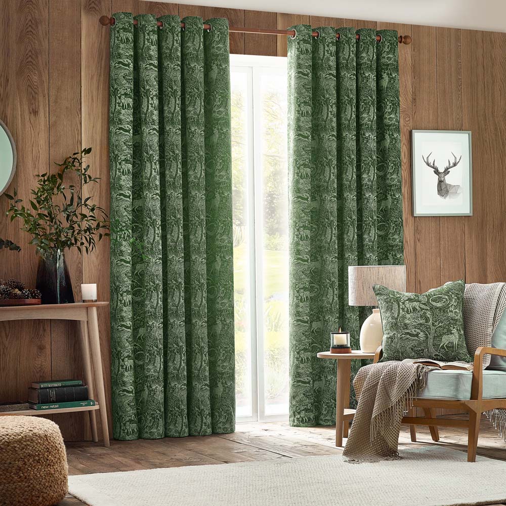 furn. Winter Woods Emerald Animal Chenille Eyelet Curtains 168 x 137cm Image 6