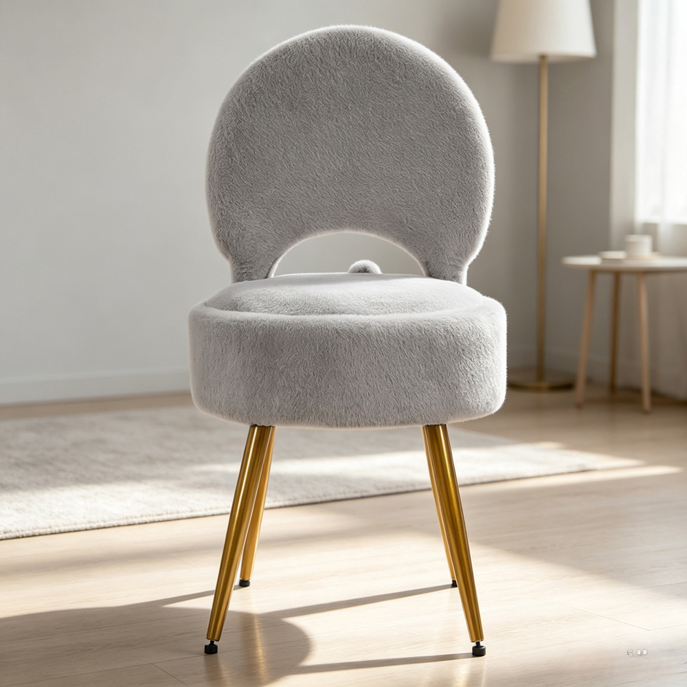 Living and Home Grey Faux Rabbit Fur Round Back Foldable Vanity Chair with Storage Image 1