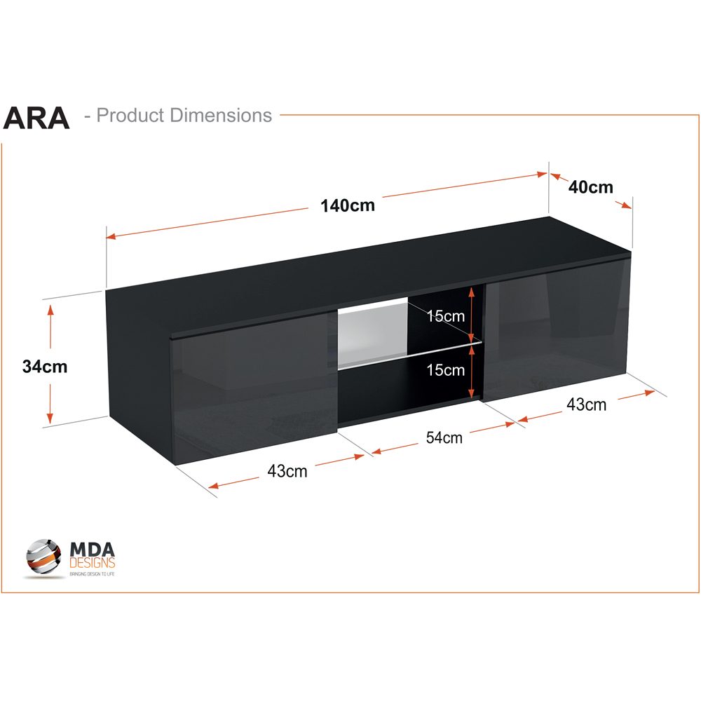 MDA Designs Ara 2 Door Black TV Cabinet with LED Lighting Image 9