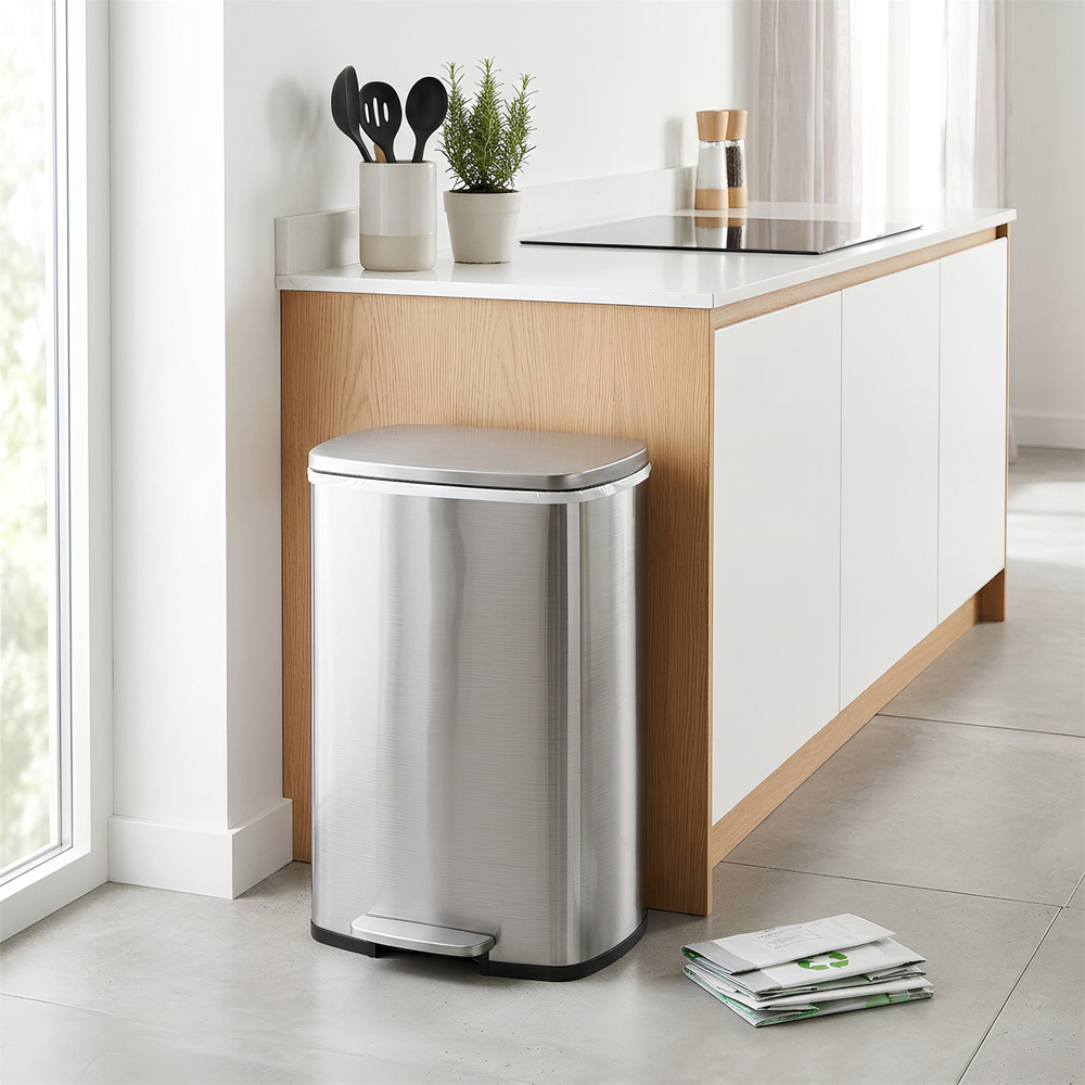 Harbour Housewares Brushed Square Stainless Steel Kitchen Pedal Bin 50L Image 5