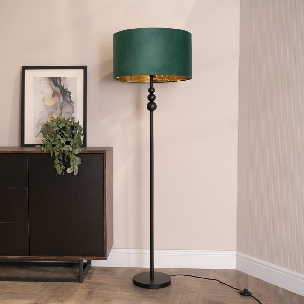 ValueLight Marissa Forest Green Velvet Gold Inner Shade Black Stacked Ball LED Floor Lamp Image 2