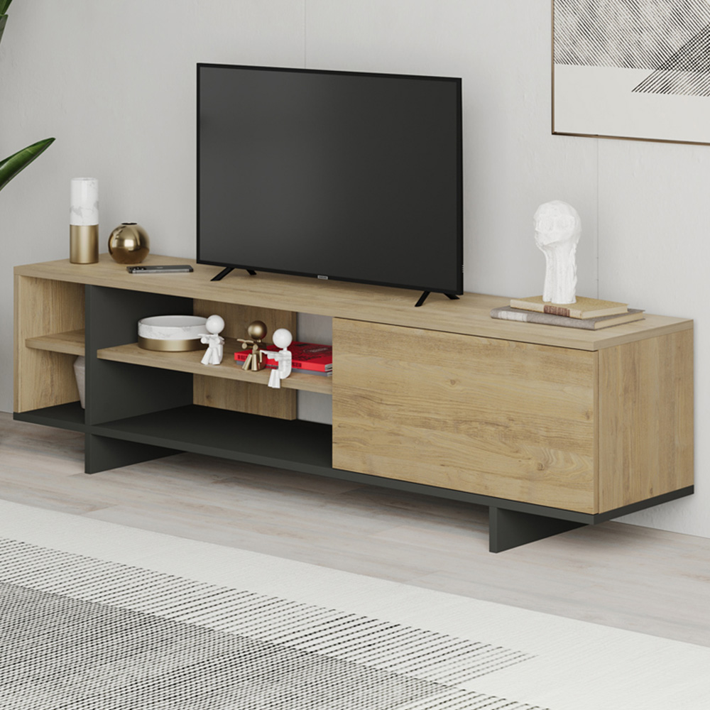 Decortie Stockton Single Door 4 Shelf Oak and Anthracite Grey TV Stand Image 1