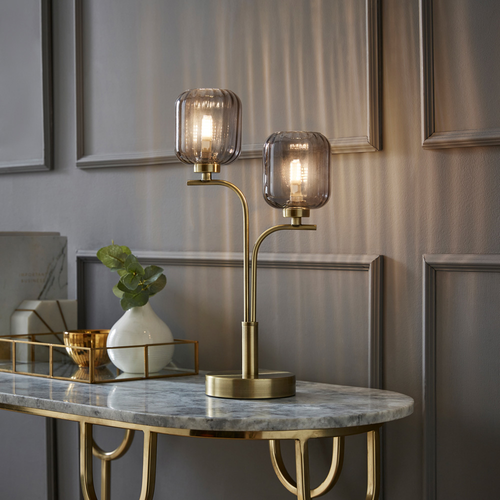 ValueLights Amelie 2 Way Ribbed Glass Gold Stem LED Table Lamp Image 2