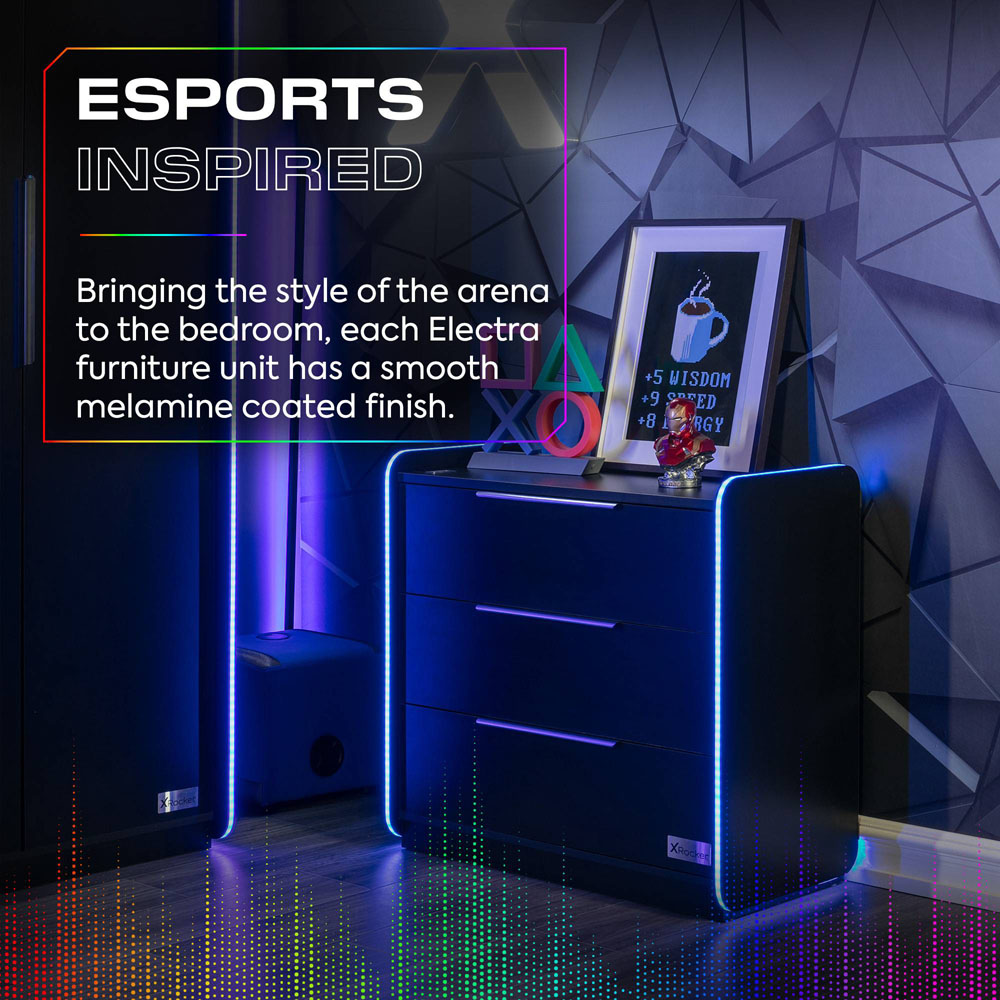 X Rocker Electra 3 Drawer Black Chest of Drawers with Neo Motion Sync App Controlled LED Light Image 5