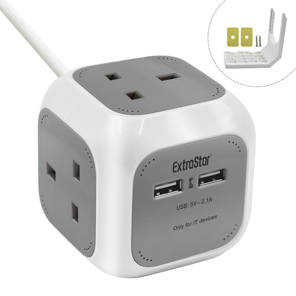 ExtraStar Rubik Cube Style 1.5m 4 Socket Grey Extension Lead with USB Port Image 3