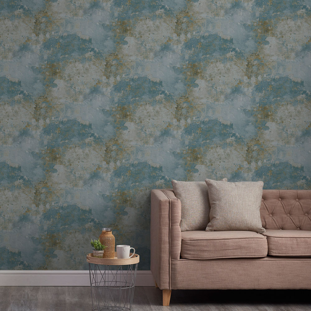 Grandeco Rustic Old Town Plaster Distressed Concrete Teal Textured Wallpaper Image 3