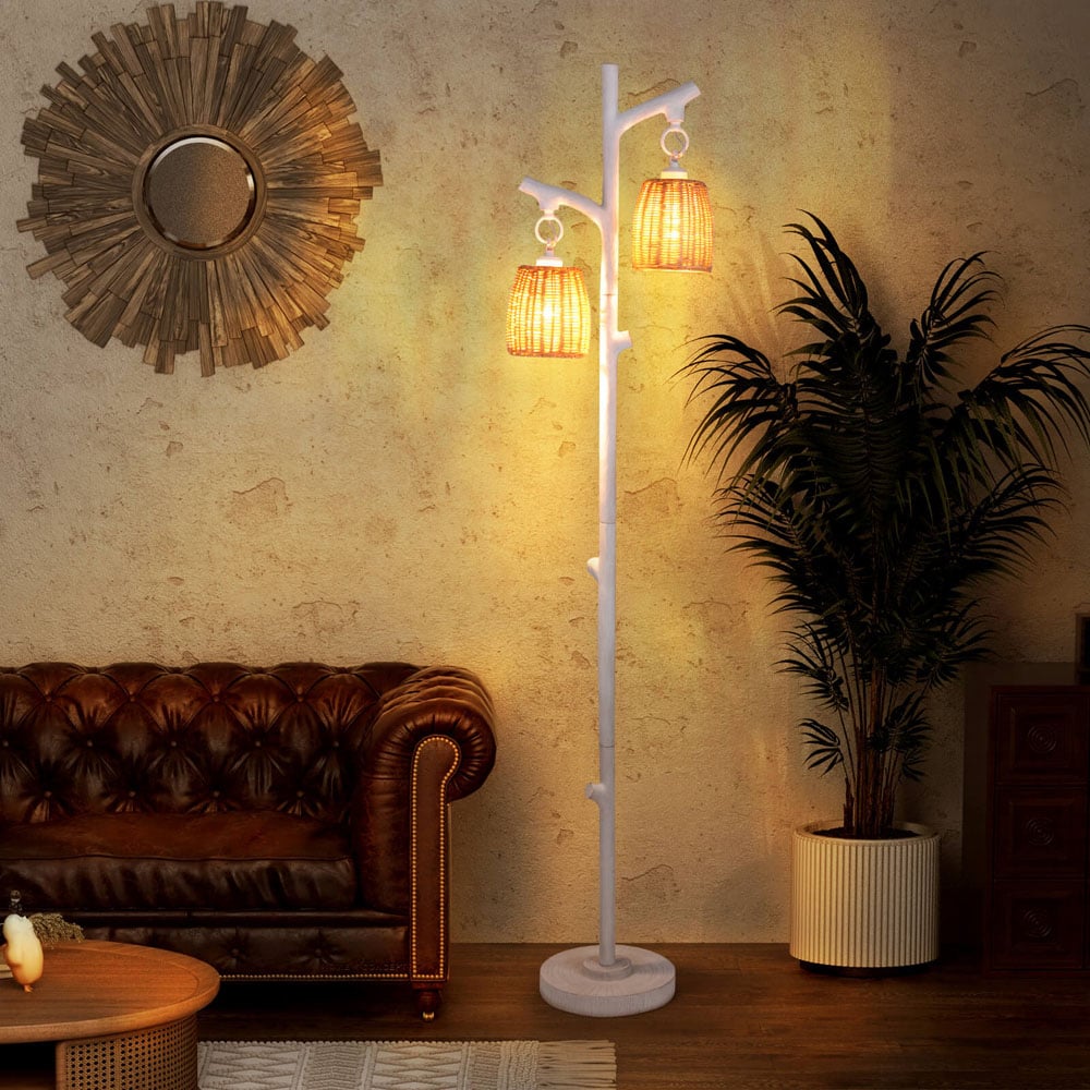Costway 2 Way White Rattan Dimmable Farmhouse Floor Lamp Image 2
