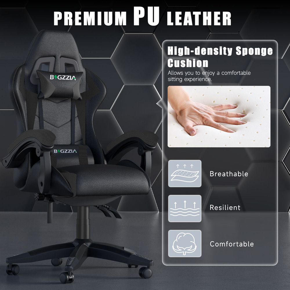 Rattrix Black PU Leather Reclining High Back Gaming Chair with Headrest and Lumbar Support Image 4