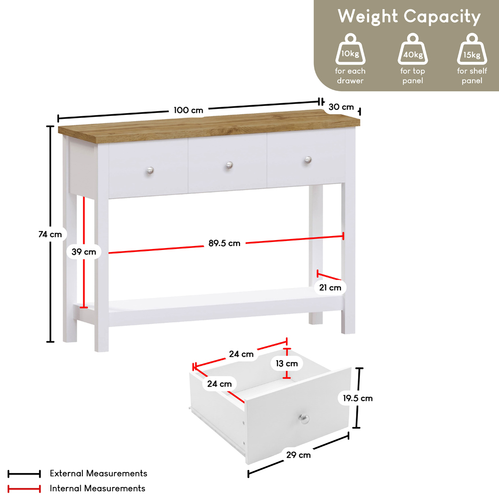 VIDA DESIGNS Arlington 3 Drawer White and Oak Console Table Image 9