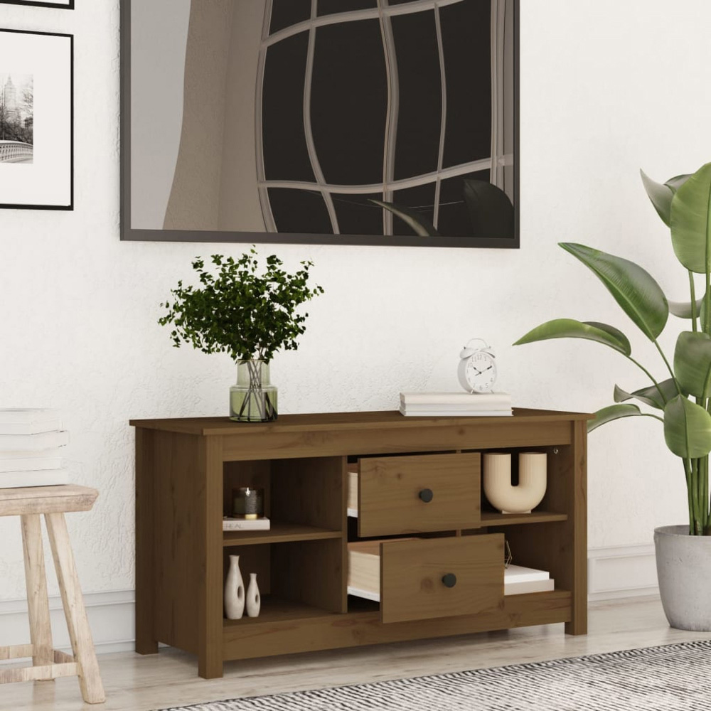 vidaXL 2 Drawer 4 Shelf Honey Brown Solid Pine Wood TV Cabinet Image 6