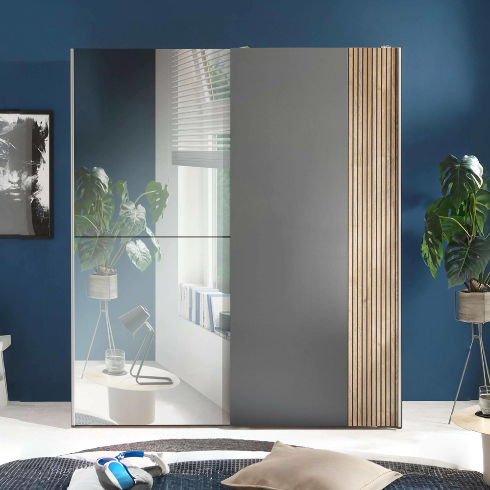 Julian Bowen Berno Light Oak and Dark Grey 2 Door Mirrored Sliding Wardrobe Image 6