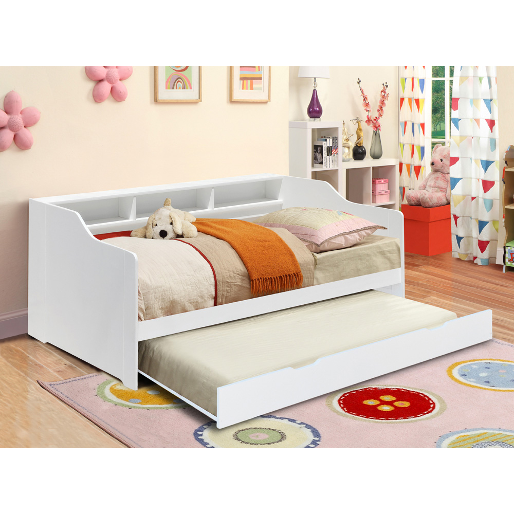 Comfy Living Single White Wooden Bed with Trundle and Shelves Image 3
