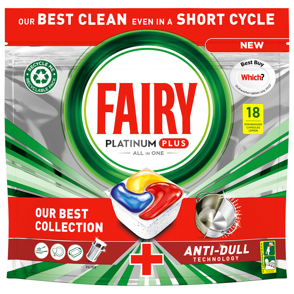 Fairy Platinum Plus Lemon All in One Dishwasher Tablet 18 Pack Image 1