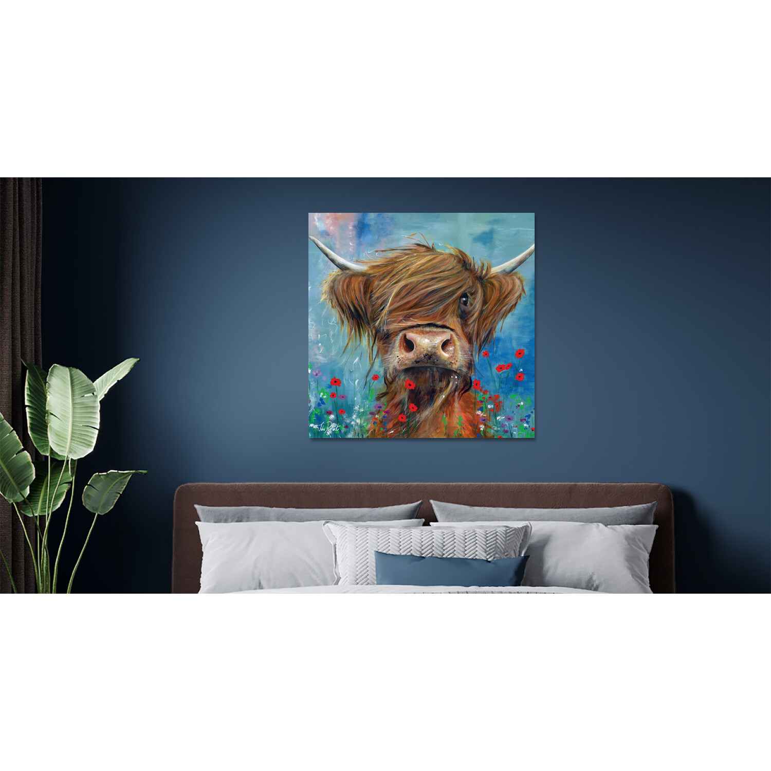 Pankhurst Highland Cow in The Flowers Canvas - Blue Image 3
