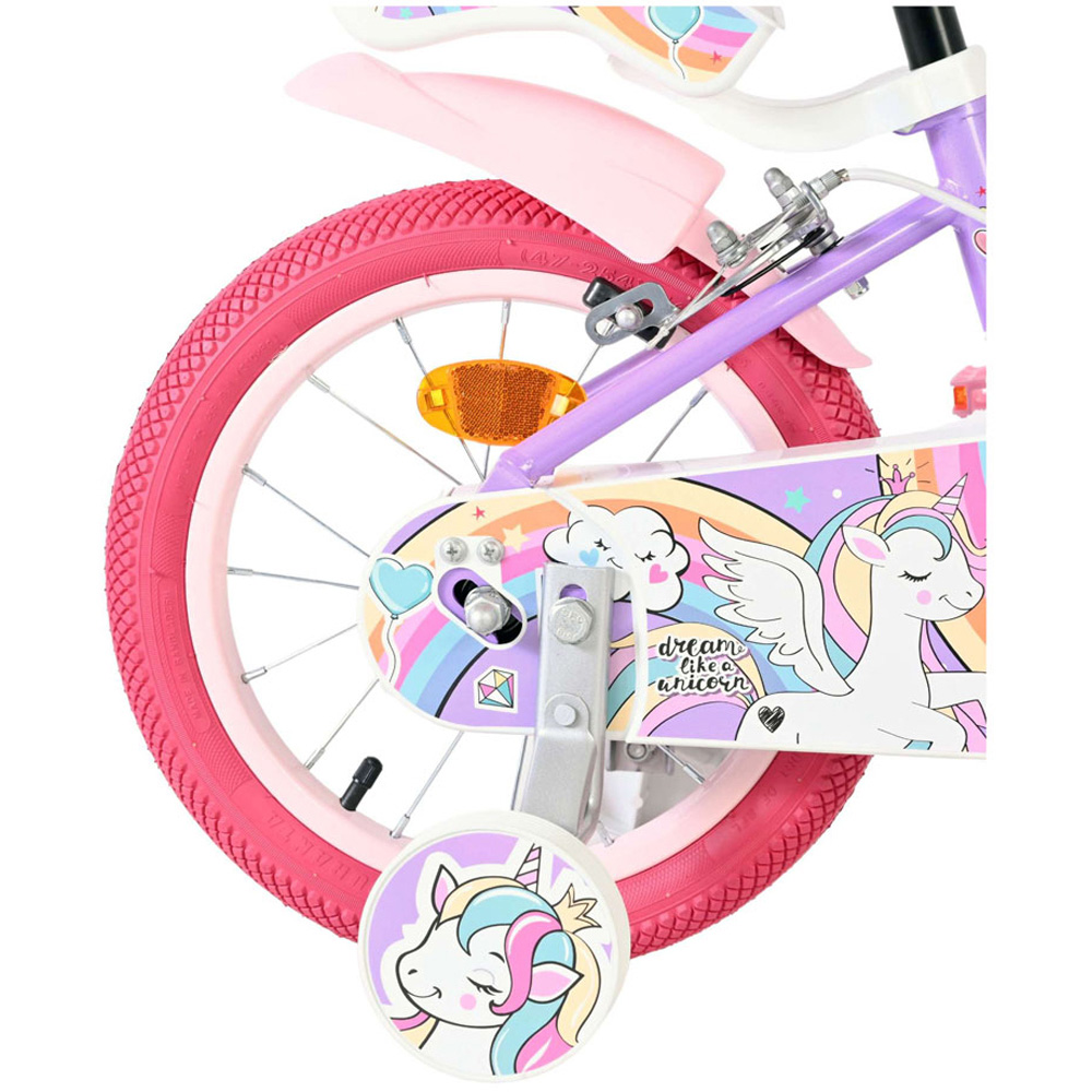 Volare Unicorn Kids 14 inch Purple and Pink Bike with Stabilisers Doll Seat and Basket Image 7