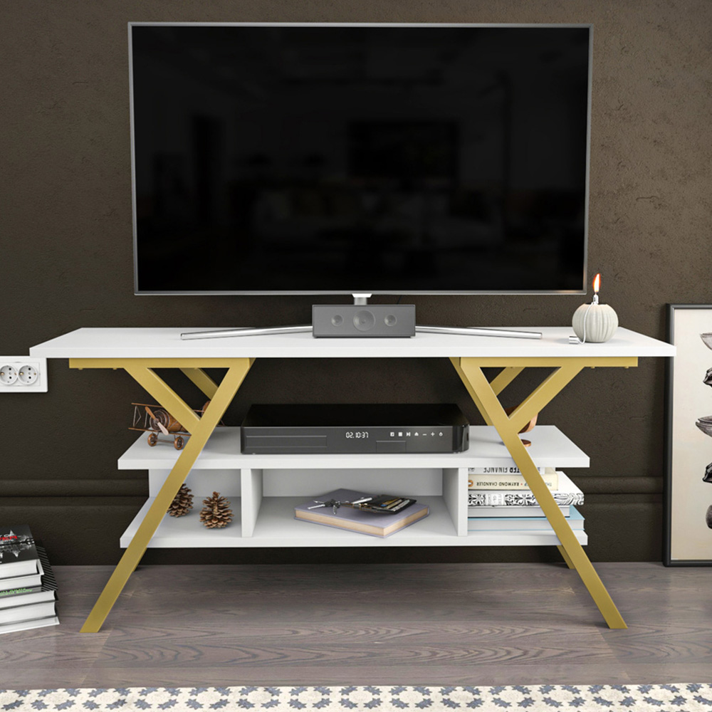 Decorotika Minerva Decorative 4 Open Shelf Gold and White TV Unit Image 1
