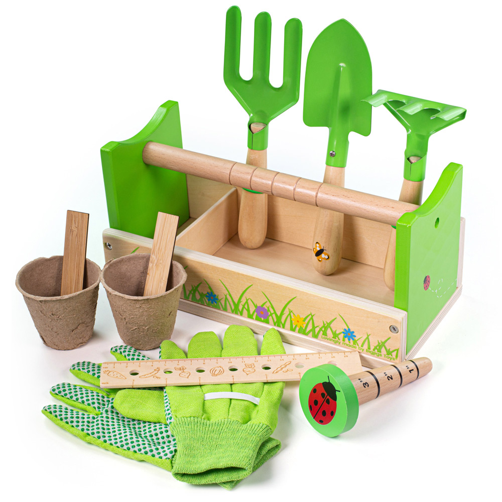 Bigjigs Toys Gardening Caddy and Tools Green Image 1