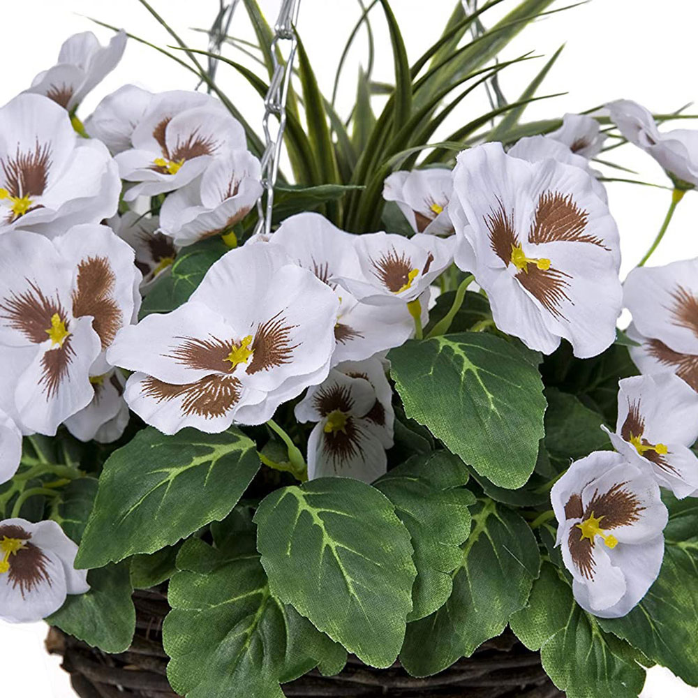 GreenBrokers Artificial White Pansies Round Rattan Hanging Plant Baskets 2 Pack Image 2