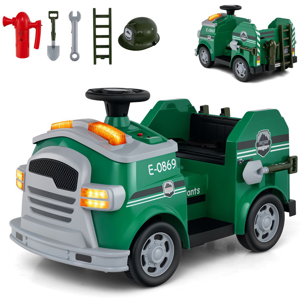 Costway Kids Green Ride On Fire Truck with Shovel and Wrench 12V Image 3