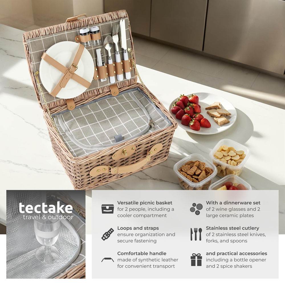 tectake Lange 2 Person Picnic Basket with Cooler Compartment and Accessories Image 6