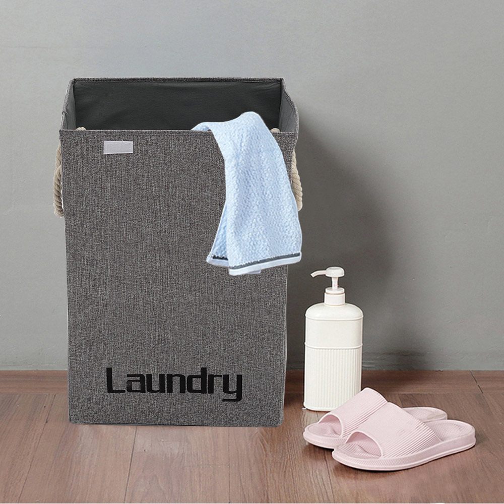 Living And Home WH0750 Grey Cotton Fabric Foldable Laundry Basket With Lid Image 6