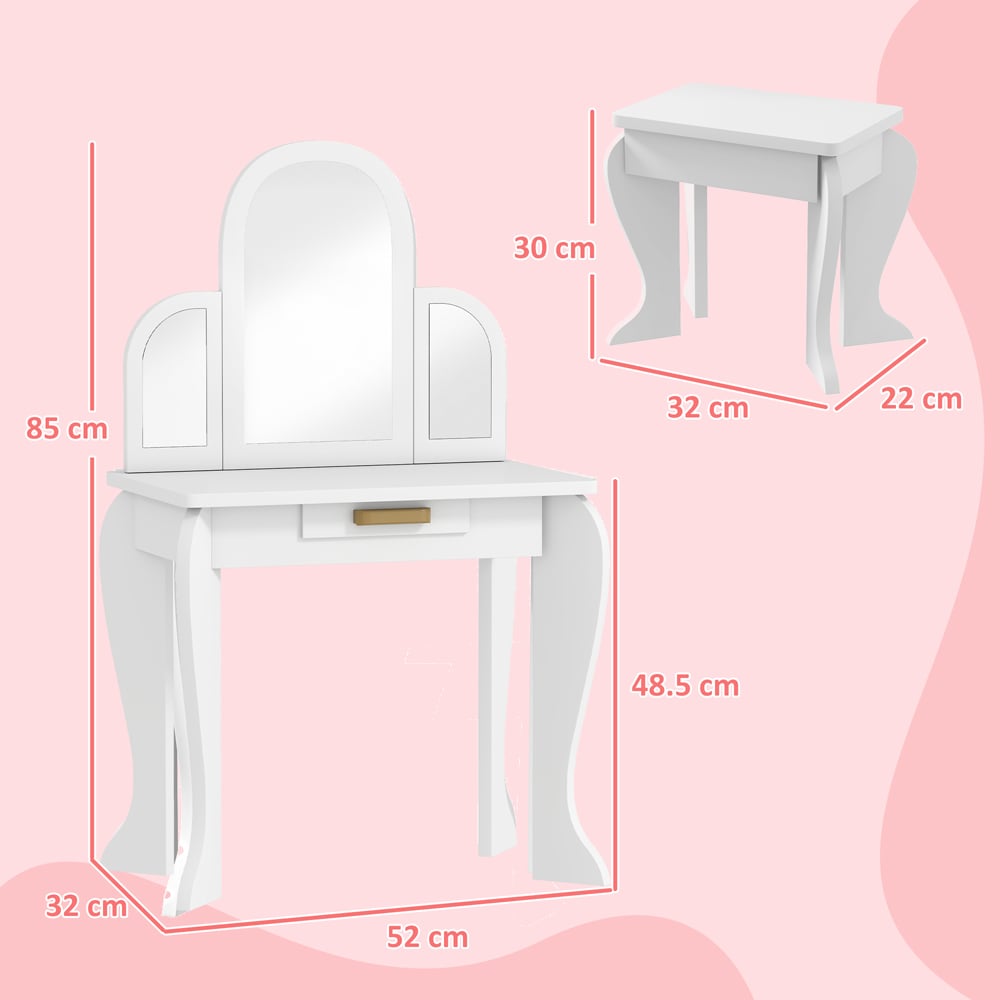 HOMCOM Single Drawer White Mirror Kids Dressing Table and Stool Set Image 9