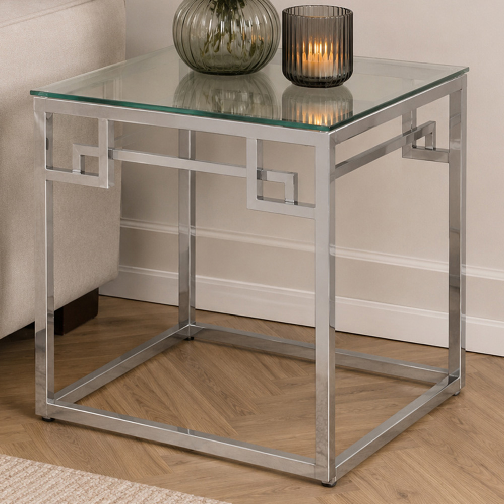 Premier Housewares Allure Silver Side Table with Tempered Glass Top Image 1