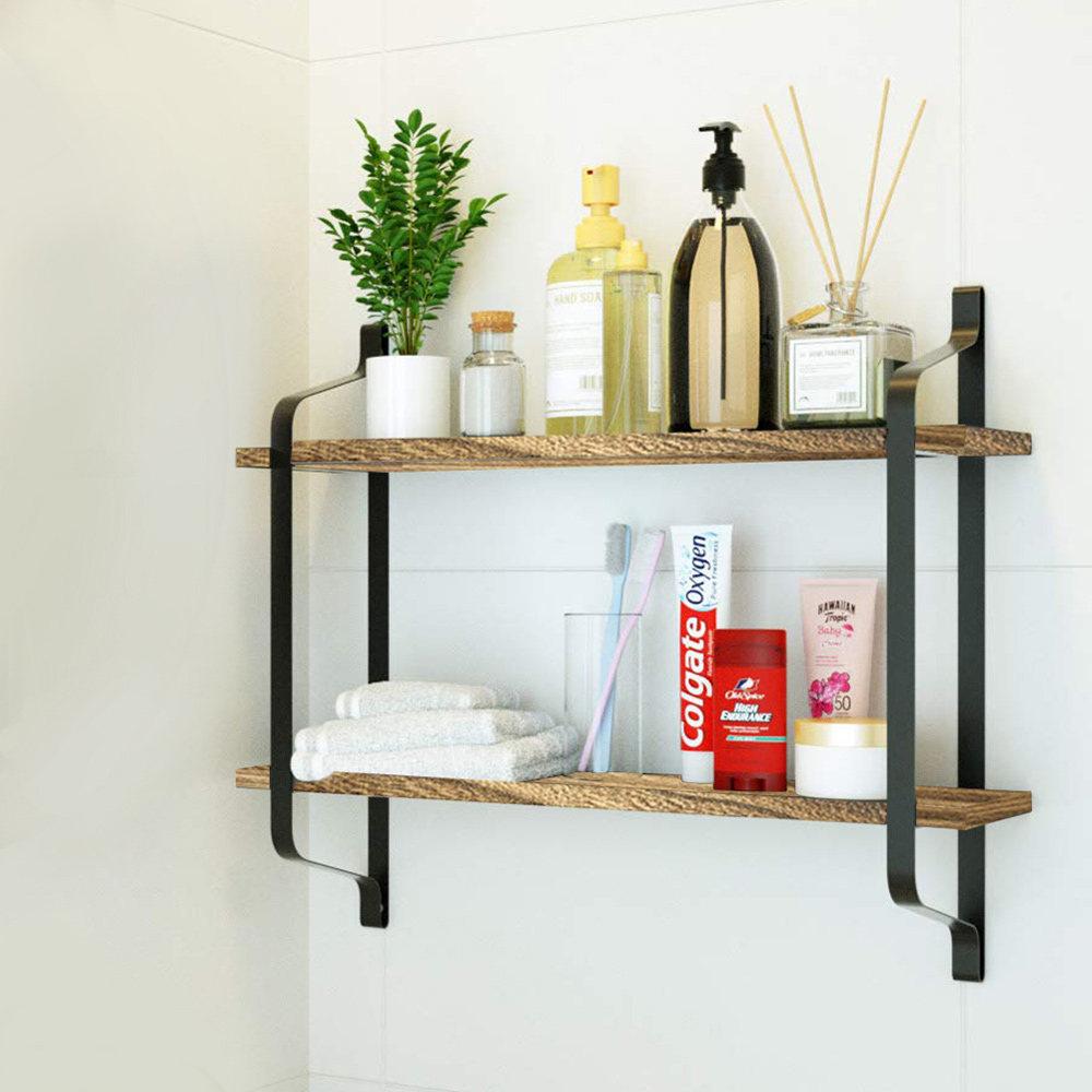Living And Home WH0948 Wood Metal Frame & Wood 2-Tier Wall Mounted Floating Shelf Image 6